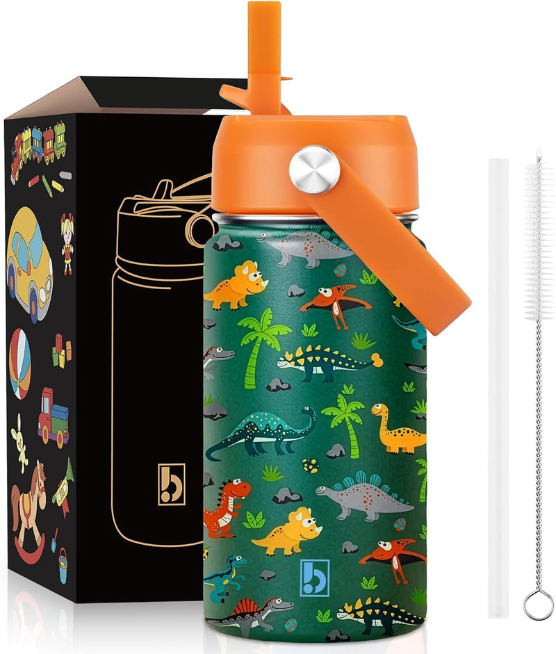 Kids Water Bottle 410ml Stainless Steel Hydro Flask Double Wall Insulated Thermos Bottle with Straw Lid BPA Free Cup Hot Cold Sports Toddler School Boys Girls 14oz (UNICORN PINK 410ML) - DINOSAUR GREEN