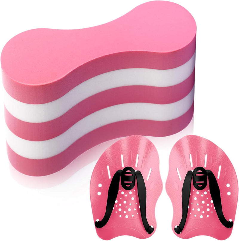 3 Pcs Swim Training Pull Buoy Swimming Hand Paddles Set Include 1 Swim Buoy 2 Swim Hand Paddles for Lap Swimming with Adjustable Straps Swim Training Equipment Kit for Adults - Pink