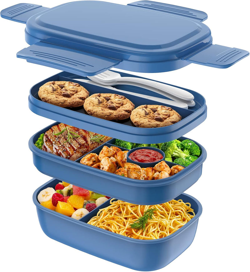 Bento Box Adult Lunch Box,3 Stackable Bento Lunch Containers for Adults/Kids, Modern Minimalist Design Bento Box with Utensil Set, Leak-Proof Lunchbox Bento Box for Dining Out, Work, Picnic, School - Dark Blue