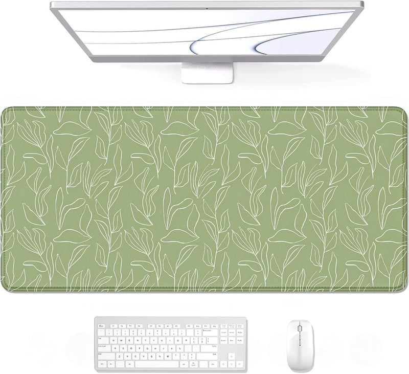 Auhoahsil Desk Pad, XXL Large Mouse Extended Gaming Mousepad, Cute Mat for Women, Big Office Accessories Pad Computer Keyboard and Laptop, 35.5 x 15.7 Inch, Pretty Pink Flowers, Girly Flowers - 23 Green Line Flowers 35.5L x 15.7W inches