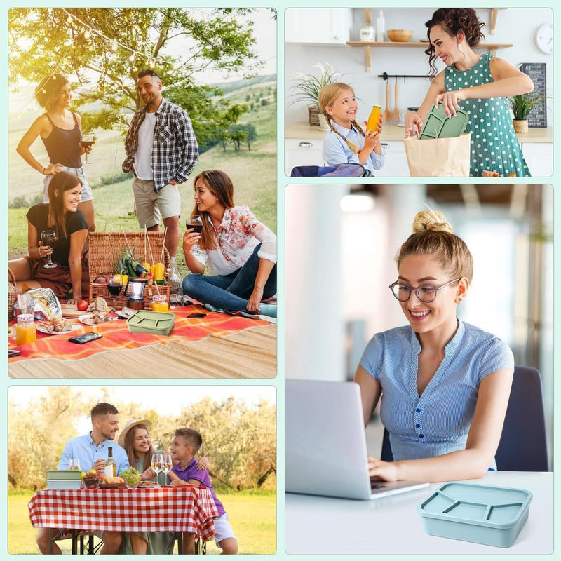 NALACAL Silicone Bento Box, Bento Lunch Box with 4 Compartments, Leak-Proof Salad Bento Boxes, Sauce Container, Utensils, Food Picks and Muffin Cups, Microwave, Dishwasher and Freezer Safe, Blue