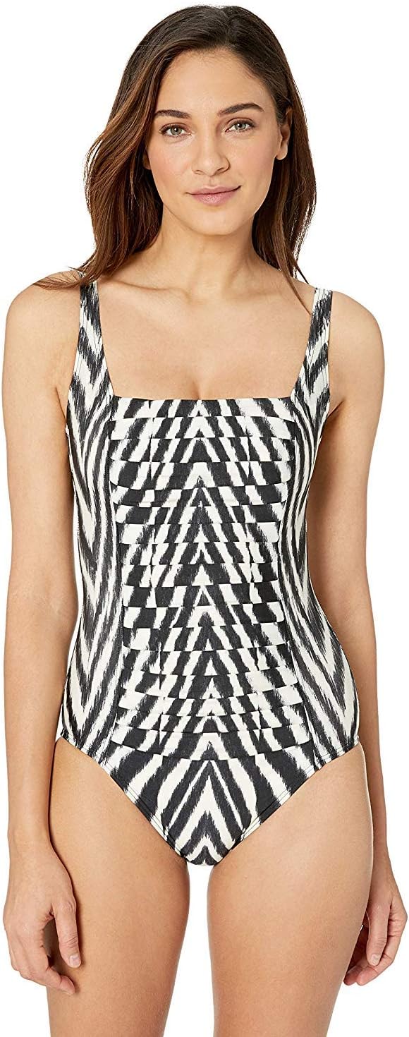 Pleated-Front One Piece Swimsuit - Black Ikat Print