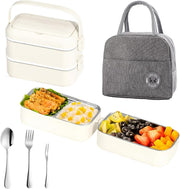 304 Stainless Steel Lunch Box for Adults & Kids - 1400ml Leakproof Bento Box with Insulated Bag & Cutlery Set, 2-Layer Microwave Safe Stackable Food Container for Office, School & Picnic - White-A