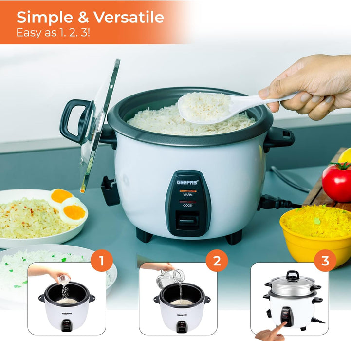 Geepas Electric rice cooker GRC4325N| 1.0L Capacity| 3 in 1| Cook, Steam and Keep Warm| Non-Stick| 450W| Single Switch | White| 2 Years Warranty
