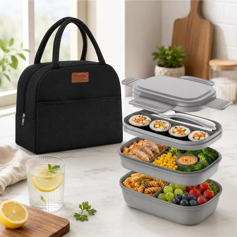 3-Layer Bento Lunch Box with Lunch Bag, Stackable Food Container with Built-in Cutlery Set for Kids, Adults, School, Office and Picnic(Grey)