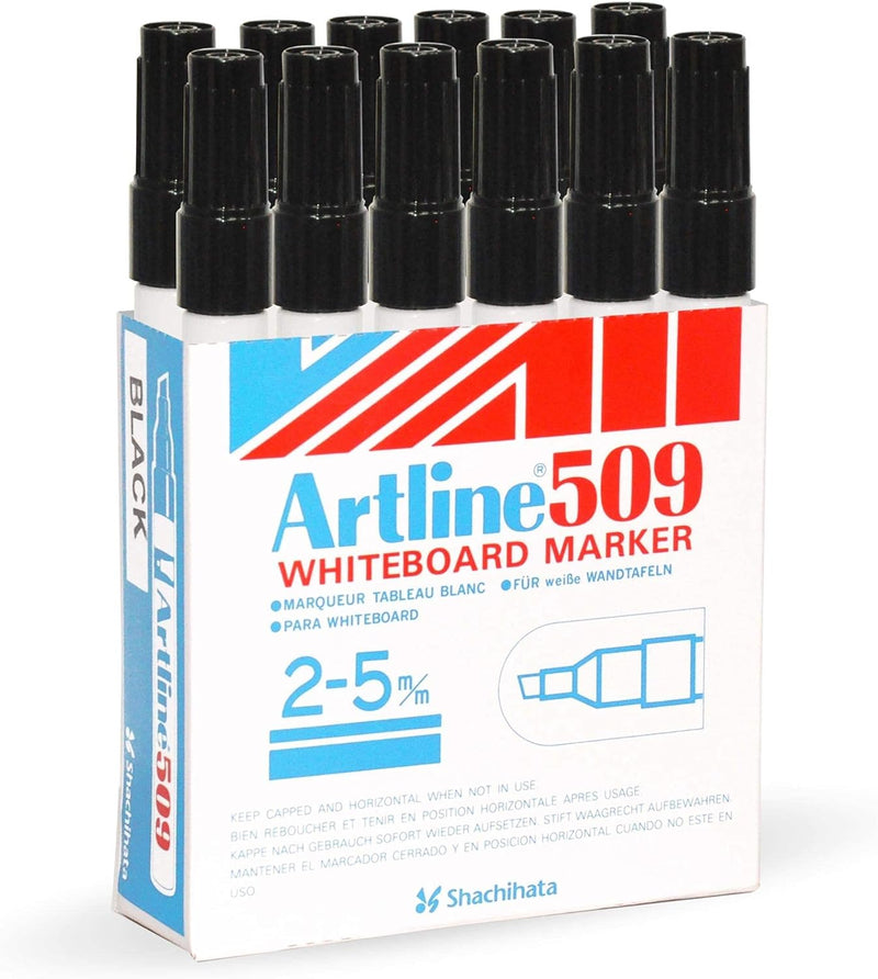 Artline 509 White Board Marker (12 Pcs. / Pack) Black Color, Acrylic Fibre Tip 2.0-5.0 mm, Chisel Style - ARMK509BK
