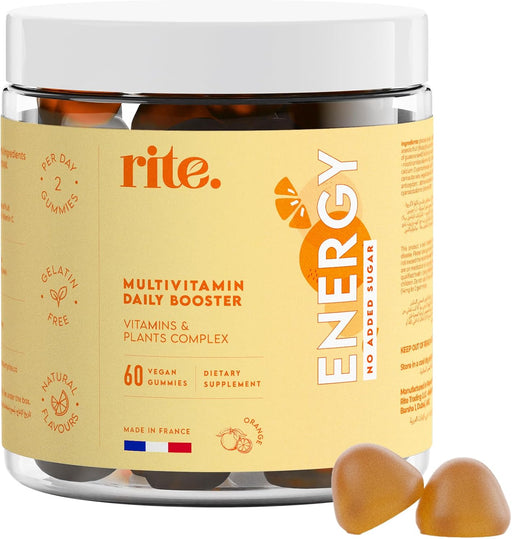Rite Vitamin Gummies, Boost Energy, Immune Support, Caffeine Free, Ginseng, Guarana, Vegan, Orange Flavour (60 Count, 1 Month)
