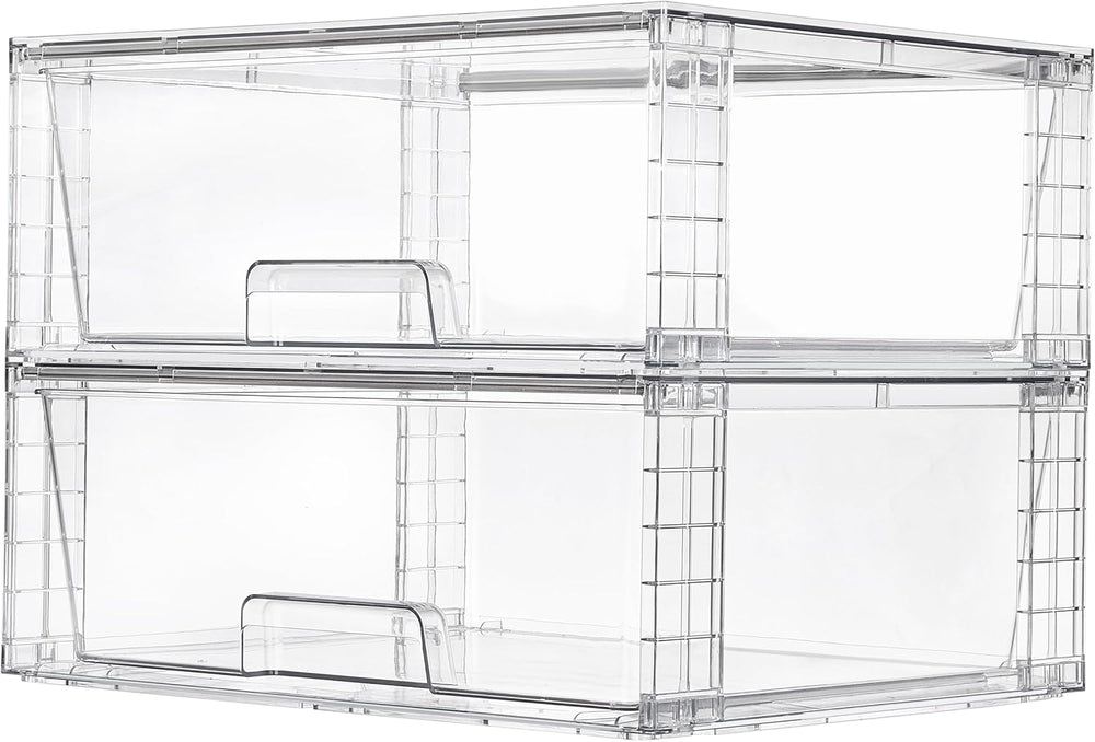 4 Large Stackable Clear Acrylic Drawer Organizer with Handles, Easy Assembly for Bathroom, Kitchen Cabinet, Closet, Makeup