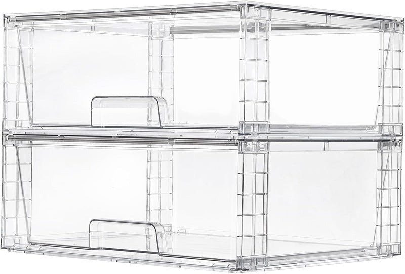 4 Large Stackable Clear Acrylic Drawer Organizer with Handles, Easy Assembly for Bathroom, Kitchen Cabinet, Closet, Makeup - 2pack-Wide