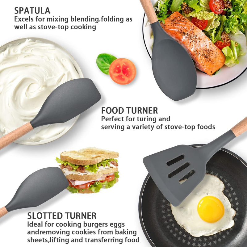 AWH ICVKRJ 12 Pcs Silicone Cooking Utensils Kitchen Utensil Set - 446F Heat Resistant,Turner Tongs, Spatula, Spoon, Brush, Whisk, Wooden Handle Gray Kitchen Gadgets with Holder for Nonstick Cookware