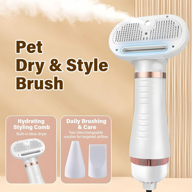 Steam Pet Grooming Dryer Brush 600 W Ionic Hot-Air Groomer with Detangling Slicker, Cool-Mist Spray, 3 Speeds & Nozzles, One-Click Self-Clean for Cats, Dogs, Rabbits & Furry Pets