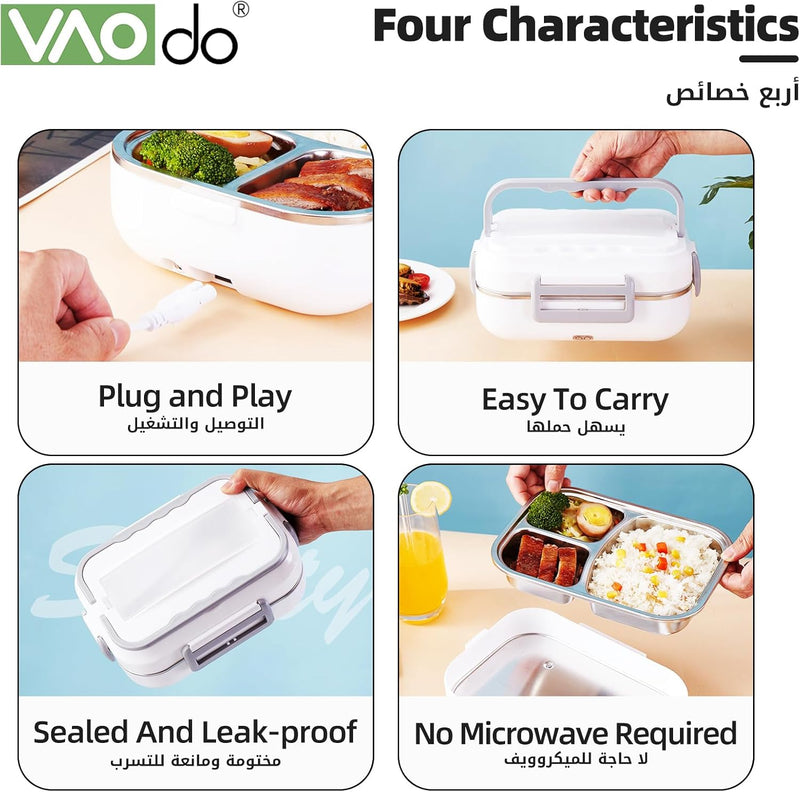 VAODO Electric Lunch Box Food Heater, 3 Layers 2L Portable Electric Heated Insulated Lunch Box, Multifunctional Food Warmer Container, Steam Cooker with Rice Set, with Egg Holder, Black