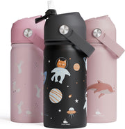 Stainless Steel Kids Water Bottle 380ML, BPA-Free, Leakproof, Insulated, Double Wall, for School & Toddler Use, with or Without Straw, Hot & Cold Liquids - Black