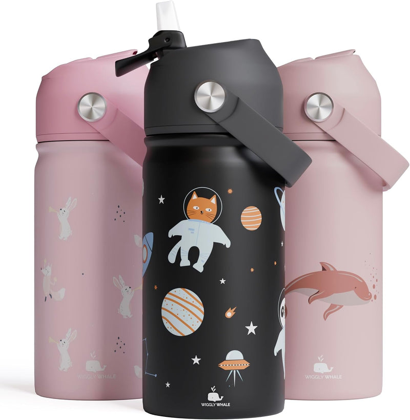 Stainless Steel Kids Water Bottle 380ML, BPA-Free, Leakproof, Insulated, Double Wall, for School & Toddler Use, with or Without Straw, Hot & Cold Liquids - Black