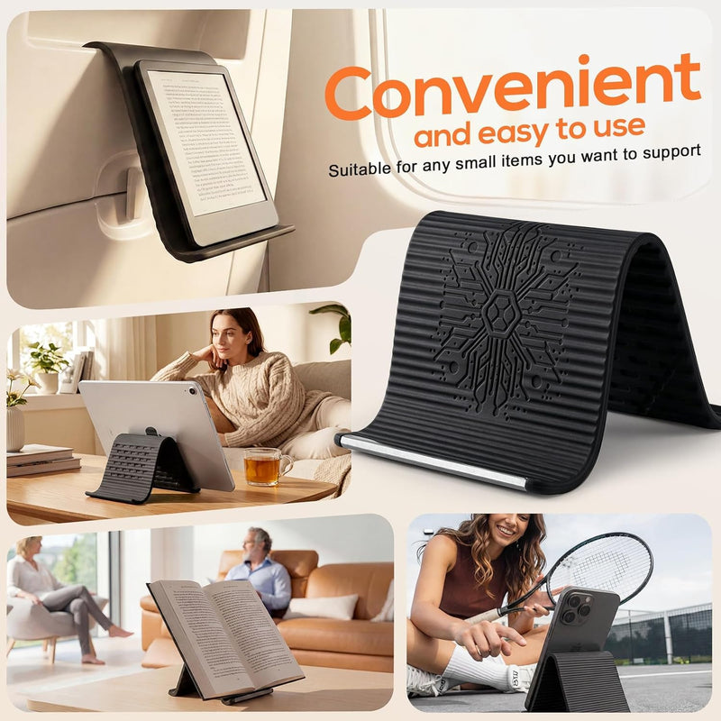 Flexible Phone Holder, Foldable Aluminum Anti-Slip Stand for Travel Airplane Desk Treadmill, Universal Silicone Mount Compatible with Phone Tablet Laptop, Black