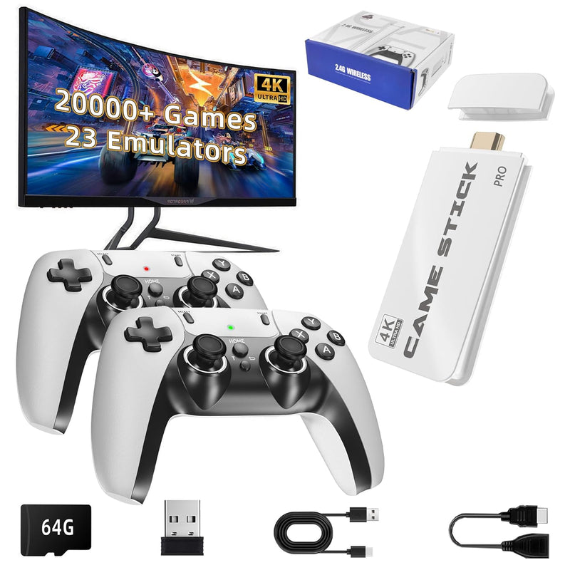 BADGOAL 2024 New Retro Game Console, Nostalgia Gaming Stick, Classic Video Games with 4K HDMI, 20,000 Games and 19 Emulators, Upgraded Dual 2.4G Wireless Controllers 64GB