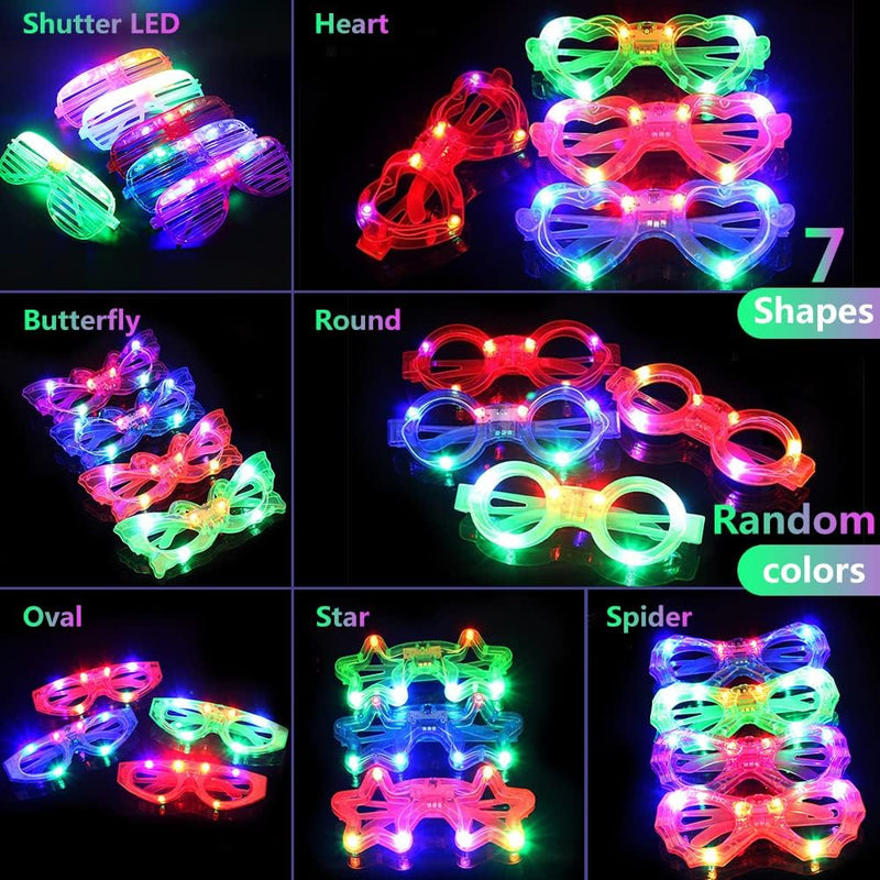 21 Pcs LED Glasses 7 shapes 6 LED Glow In The Dark Party Supplies Favor for Kids Adults shutter heart round star butterfly Glow Sticks Light Up Glasses fit Birthday Halloween Christmas Valentine's Day - 21 Packs 7 Shapes Led Glasses
