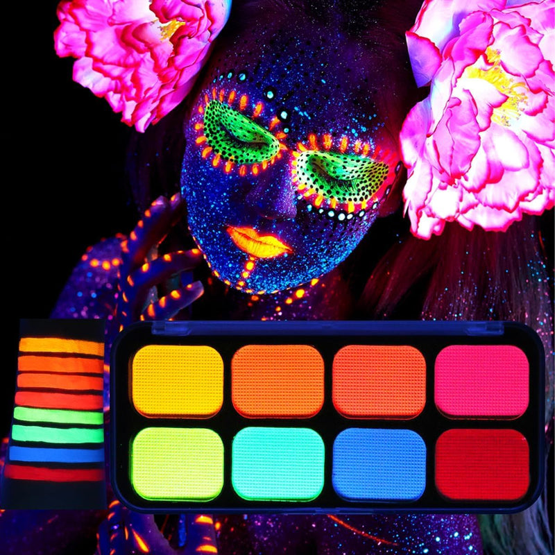 Face Painting Kit, 8 Neon Fluorescent Colors, UV Body & Face Paint, Water Activated, Ideal for Halloween, Rave, Festival Makeup, Skin-Safe, Non-Toxic, Easy Removal, Perfect for Kids & Adults