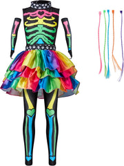 Funky Punky Bones Colorful Skeleton Deluxe Girls Costume Set with Hair Extensions for Halloween Costume Dress Up Parties.