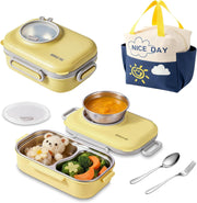 Bento Lunch Box for Kids: Leak-Resistant 304 Stainless Steel Lunch Boxs - 3-Compartments with Silicone Container - Bento Box for Ages 4-16 - for School, Picnics & Office (Pink) - Lemon Yellow