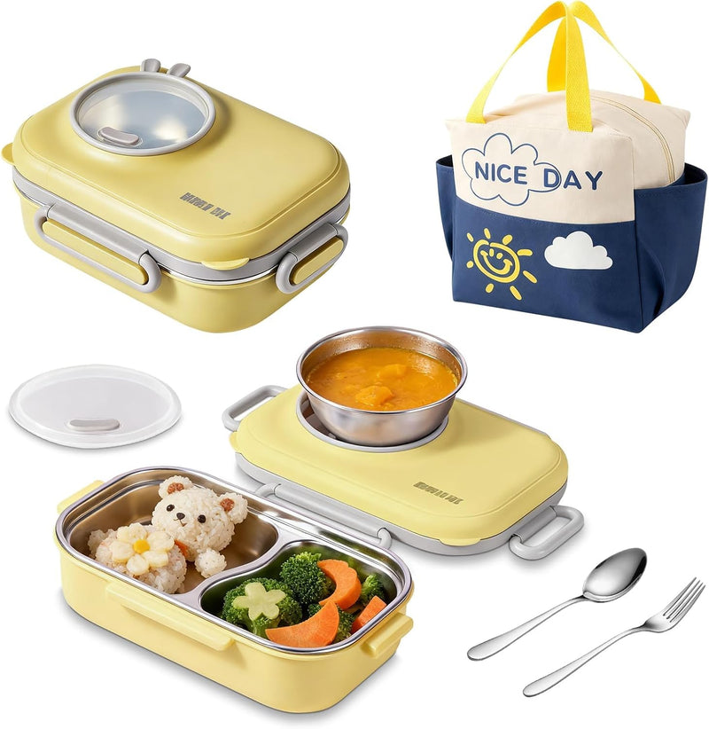 Bento Lunch Box for Kids: Leak-Resistant 304 Stainless Steel Lunch Boxs - 3-Compartments with Silicone Container - Bento Box for Ages 4-16 - for School, Picnics & Office (Pink) - Lemon Yellow