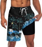 Men Swim Trunks with Compression Liner 9 Inch Long Board Shorts - A3 Black Blue White