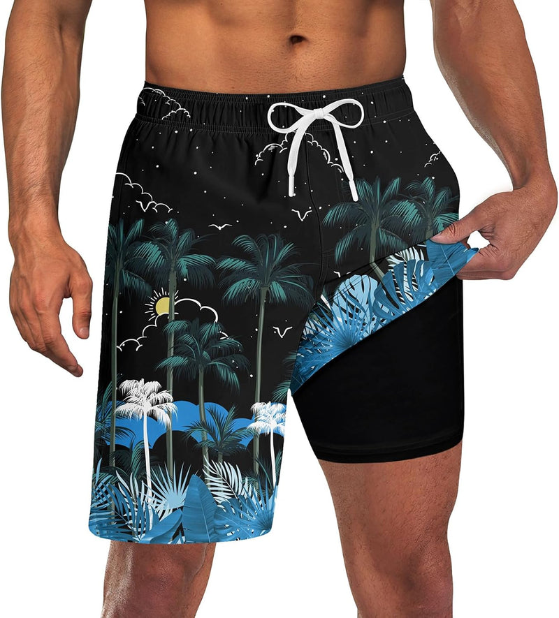 Men Swim Trunks with Compression Liner 9 Inch Long Board Shorts - A3 Black Blue White