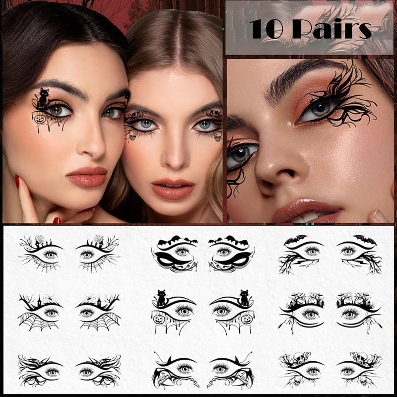 NimbusNote 10 Pairs Halloween Eye Shadow Temporary Tattoos Eyeliner Tattoo Stickers Spider Web Bat Pattern Eyeliner Fake Tattoos for Women Men Face Eye Makeup Halloween Decals Party Supplies