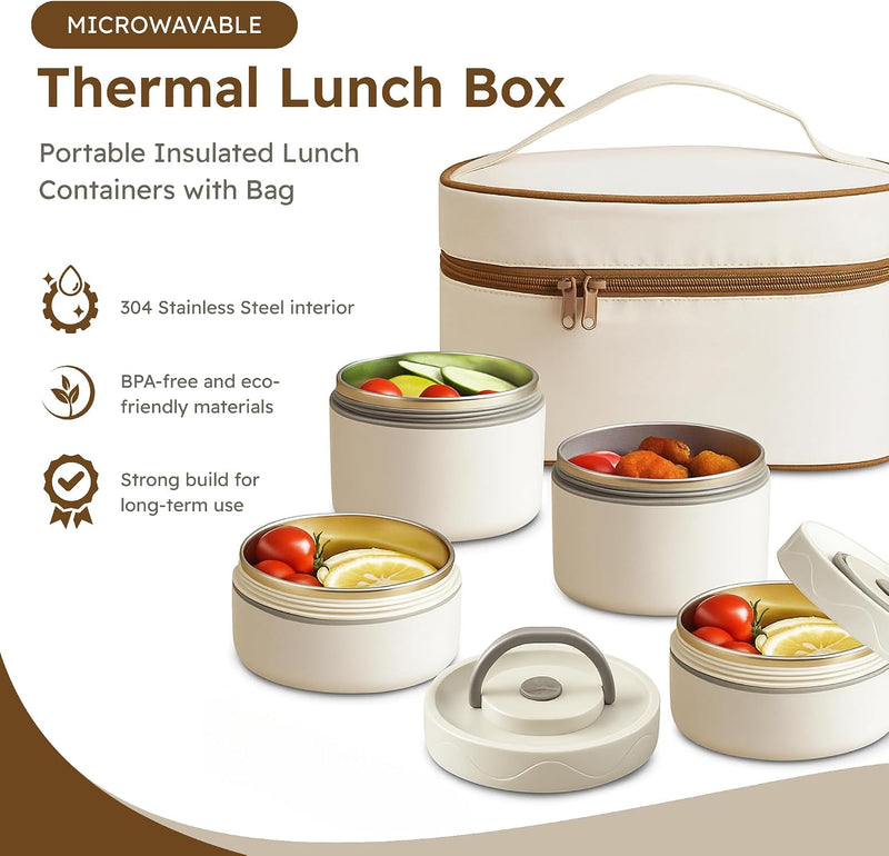 Stainless Steel Lunch Box 4pcs Set, 3-Layers of Insulation Leakproof Box with Thermal Insulated Lunch Bag, 304 Steel Containers Stackable & Perfect for Work, School, Travel, Picnics