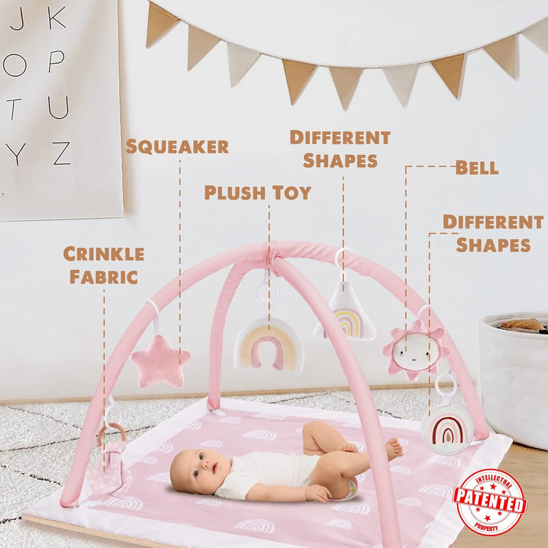 Washable Baby Gym Activity Center with Play Mat, Early Development Playmats, 6 Toys for Infant & Toddler, Larger, Non Slip,Pink