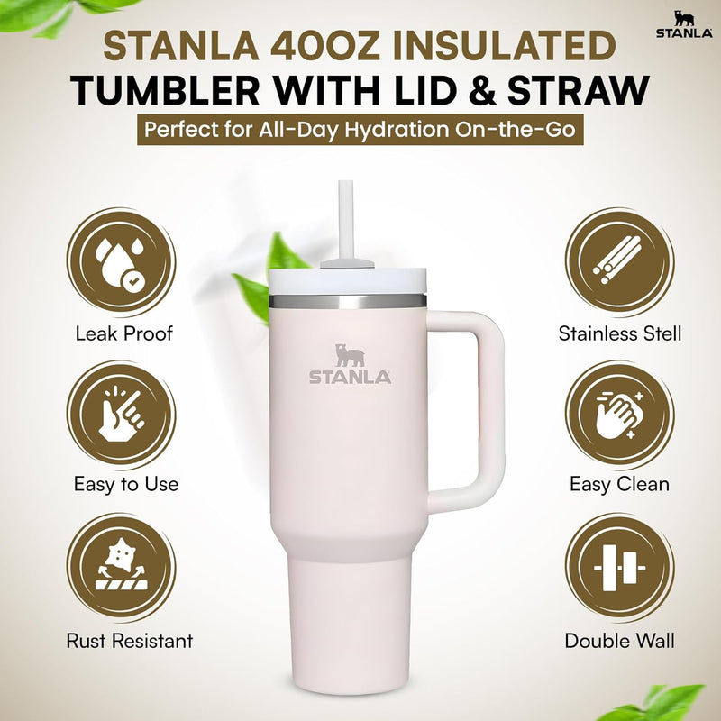 STANLA 40 oz Tumbler with Lid and Straw | Travel Mug for Iced Tea & Coffee | 100% Leakproof, Stainless Steel Insulated Tumbler for School,Office & Gym | Cup Holder Friendly Base (Cream)