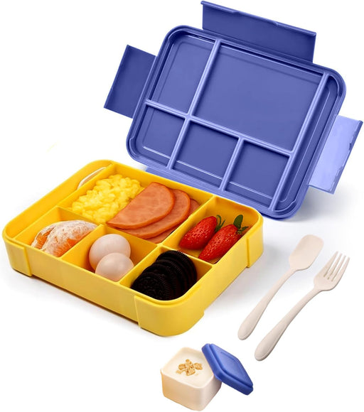 Bento Lunch Box for Kids - 1330ml Leak Proof BPA Free Lunchbox with 5 Compartments, Cutlery & Sauce Bowl Microwave Safe Tiffin for School, Office Bento Box for Boys (Blue) - Blue
