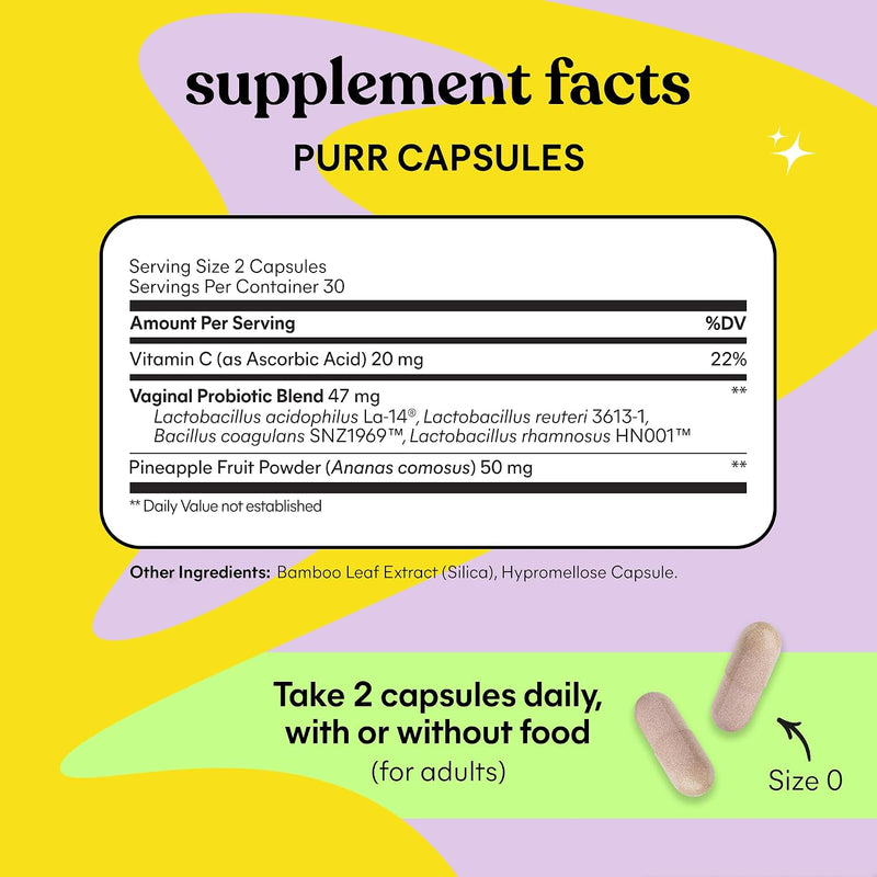 Purr l Probiotics for Women - Promotes pH Balance, Healthy l Odor & Urinary Tract Health w/Lactobacillus Blend, Clinically Tested Strains, Pineapple & Vitamin C - 60 Veggie Capsules