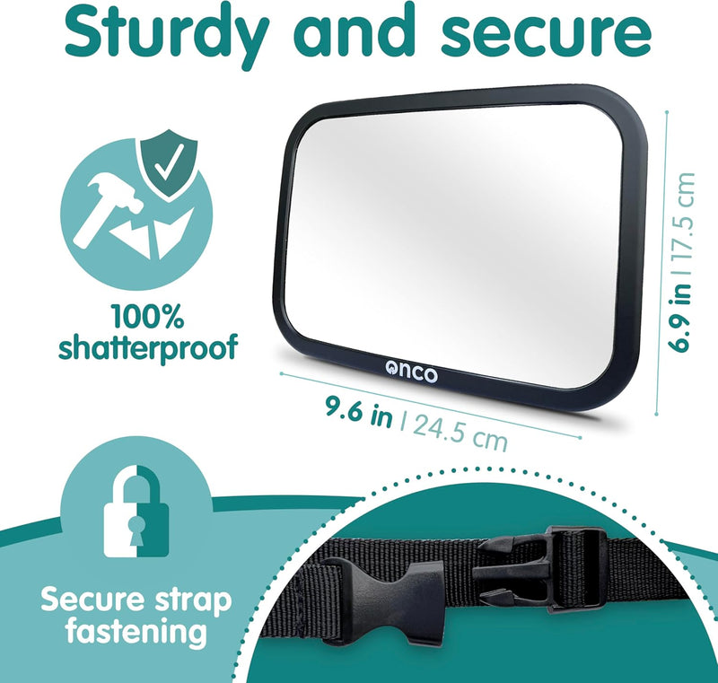 Onco Baby Car Mirror - Peace of Mind to Keep an Eye on Baby in a Rear Facing Child seat - Premium Black Frame