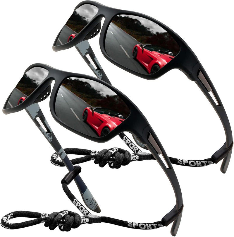 Sports Sunglasses Polarized For Mens Womens Driving Fishing Running Wrap Around Sun Glasses Unbreakable Frame Goggles with Glasses rope Strap UV Protection