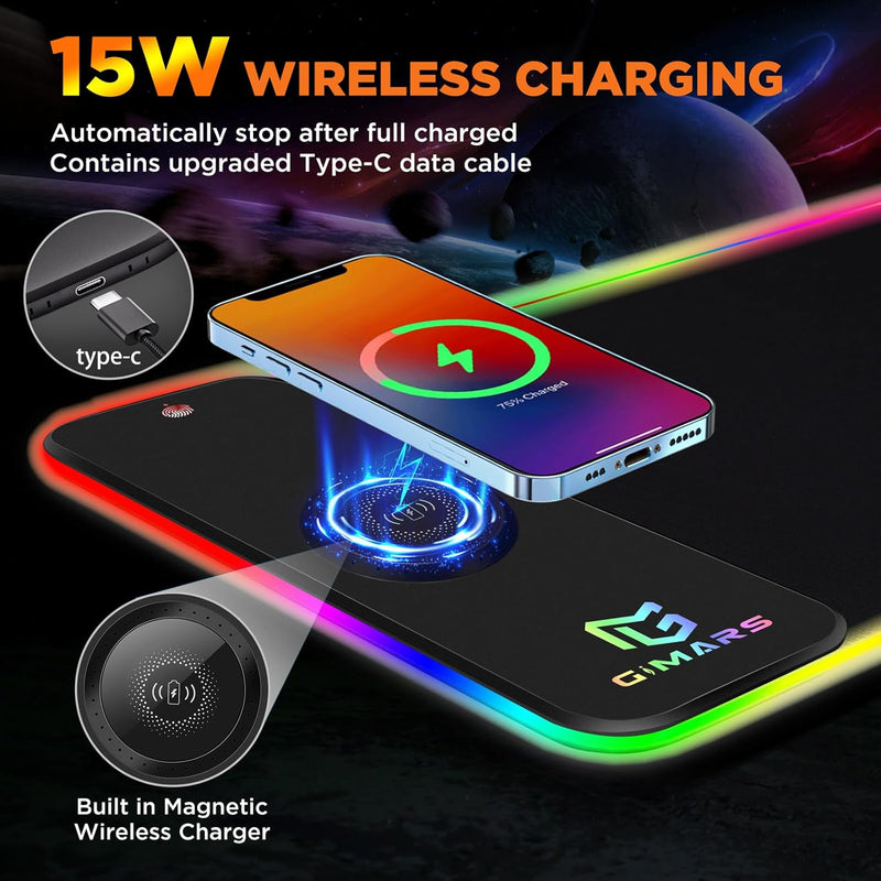 Gimars Upgrade RGB Mouse Pad with 15W Fast Wireless Charging, Extened Large LED Gaming Mouse Pad with 10 Colors LED Light, Premium Smooth Surface, Non Slip Mouse Mat for Gaming, Desks, PC, Office - Black-RGB+Wireles Charging