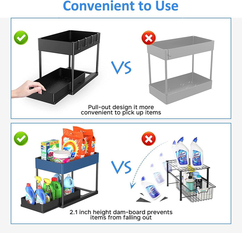 SKY-TOUCH 1pcs Under Sink Shelf Storage Organiser with Sliding Pull Out Drawer,Double Sliding Under Bathroom Cabinet Organization, Kitchen Storage with Hooks,15.6 8.6 13.2cm,Black
