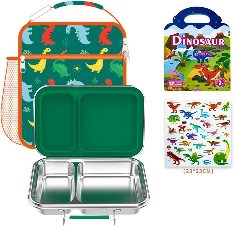Bento "GoMart" Premium Stainless Steel Lunch Box 2 Compartments, Leakproof Silicone Lid, BPA-Free - School & Office Use (White) kids,adult. - Green
