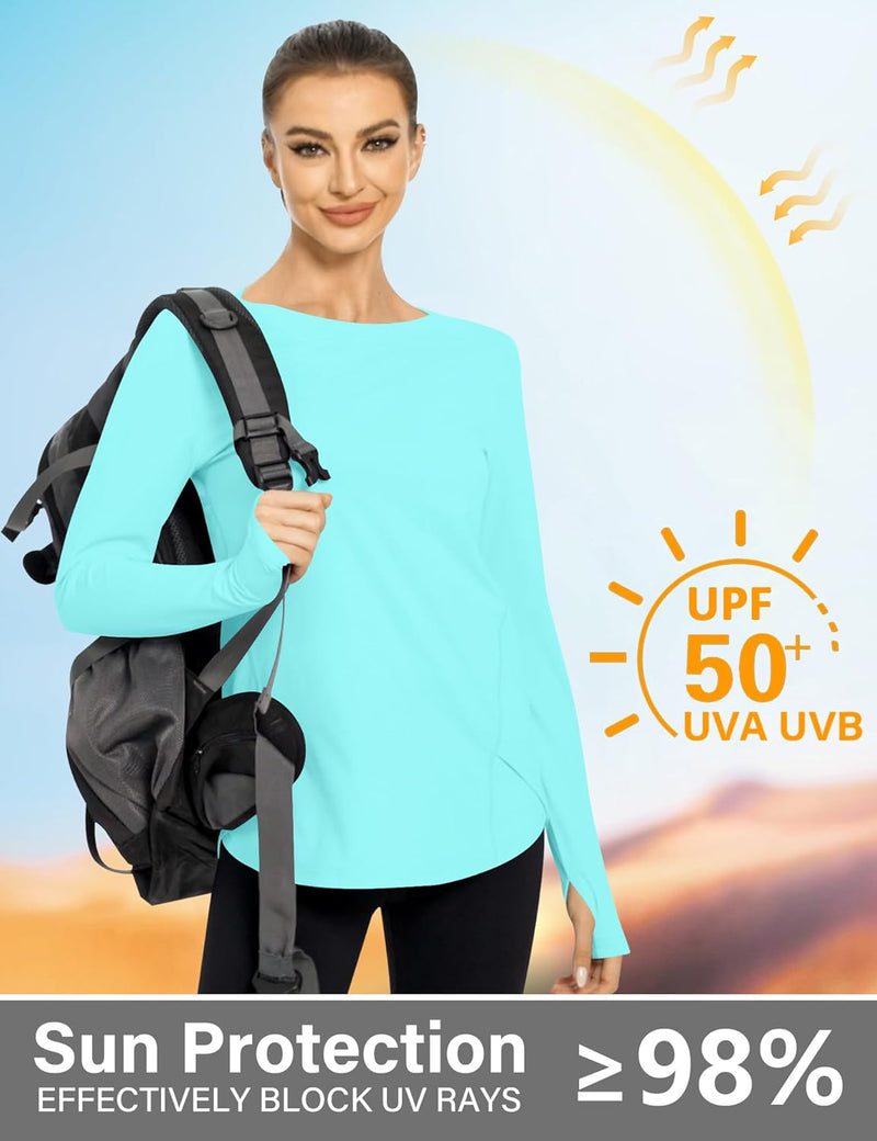 Rapbin Women's UPF 50+ Sun Protection T-Shirts Long Sleeve Boat Neck Workout Lightweight Quick Dry Top with Thumb Hole