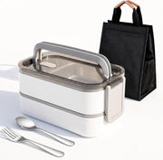 Stainless Steel Lunch Box: 1100ml 2-Layer Insulated Bento Lunch Box for Adults and kids - 304 Lunch Containers Insulated Leakproof with Tableware & Bag - Microwave & Dishwasher Safe (Khaki) - White