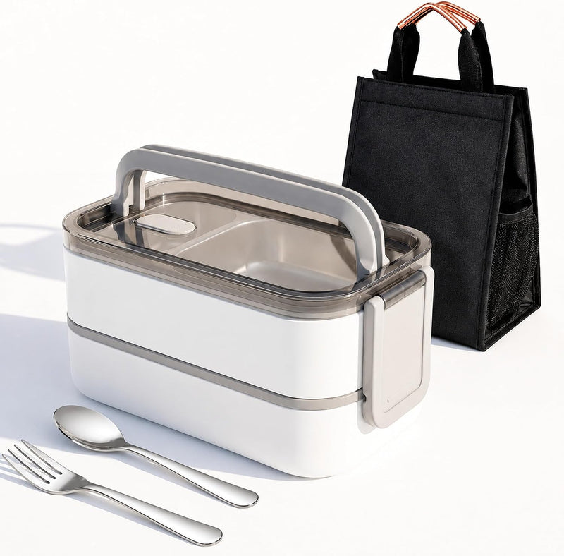 Stainless Steel Lunch Box: 1100ml 2-Layer Insulated Bento Lunch Box for Adults and kids - 304 Lunch Containers Insulated Leakproof with Tableware & Bag - Microwave & Dishwasher Safe (Khaki) - White
