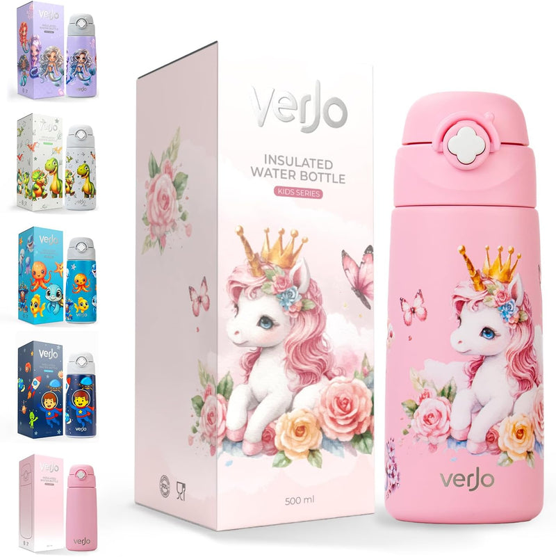 Kids Water Bottle 500ml Insulated Stainless Steel Water Bottle for Kids with Straw Leakproof, BPAFree, Reusable Bottle for School, Travel, Sports & Daily Hydration (CROWNED UNICORN) - CROWNED UNICORN