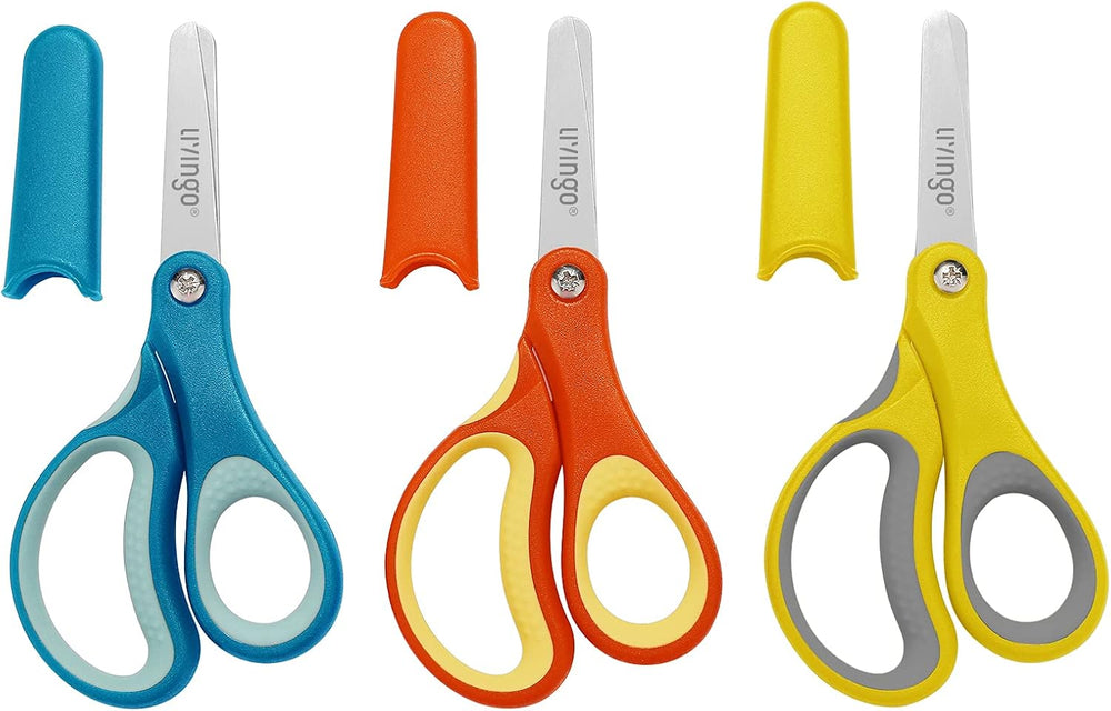 LIVINGO 3 Pack 5 Inch Ambidextrous Blunt Student Scissors Yellow Blue Gray Safety Stainless Steel Sharp Toddler Preschool Child Scissors with Cover, School Classroom Craft Supplies for Teachers