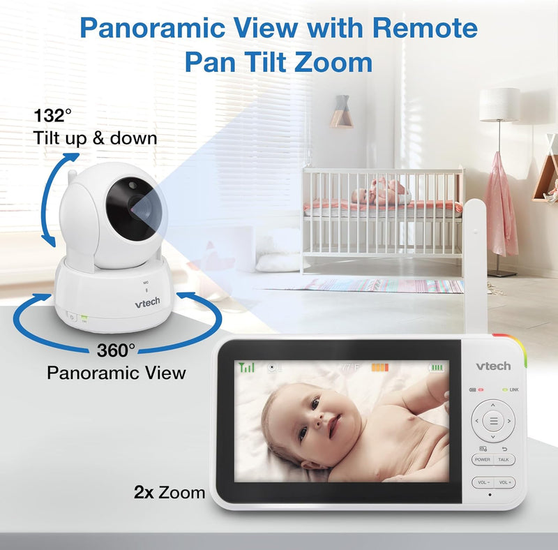 VTech VM924 Remote Pan-Tilt-Zoom Video Baby Monitor, 5" LCD Screen, Up to 17 Hrs Video Streaming, Night Vision, Up to 1000ft Range, Soothing Sounds, 2-Way Talk, Temperature Sensor,Secured Transmission