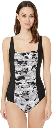 Pleated-Front One Piece Swimsuit - Black Static