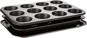 Royalford 3Pcs Non-stick Bakeware Set - Cookie Sheet / Baking Sheet, 12Pcs Muffin Pan Cupcake & Roasting Wide Handle Bread Dessert Bakeware, Sponge Cake Chocolate for
