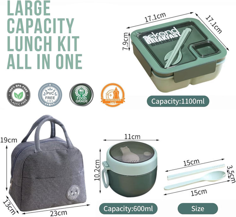 Lunch Box with Insulated Bag for Kids & Adults with Reusable Spoons, Leak-Proof Large 4 Compartment Bento Lunch Box, Ideal for Versatile & Balanced on-the-Go Eating, Heavy Duty, BPA Free
