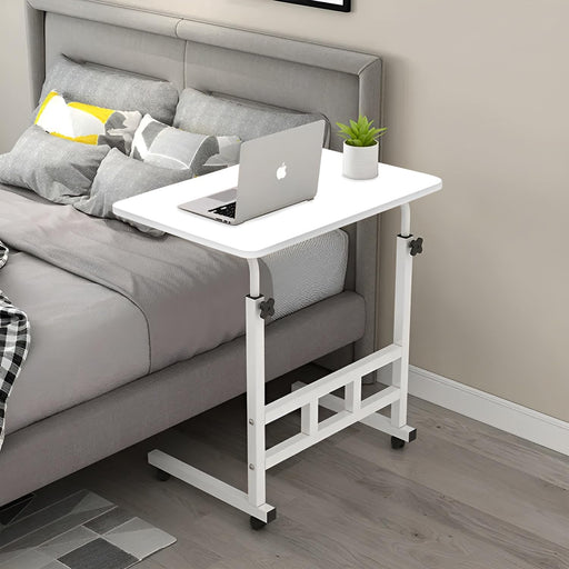 Upgraded Metal Base Adjustable Movable Desktop Computer Mobile Laptop Desk Home And Office Desks For Work and Study Moveable Portable Coffee Overbed Tray Bedside Sofa Table (White) - White