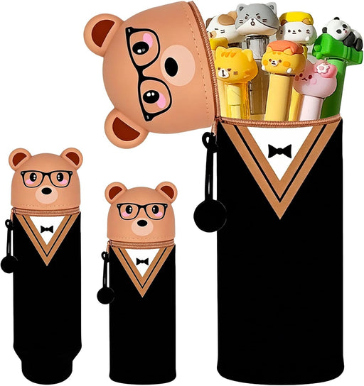 Kawaii Silicone Pencil Case, Cute Cartoon Bear Pencil Case, Soft Pencil Case Zip, Waterproof Silicone Pencil Case for School and Office (6.5 x 22.5 cm)