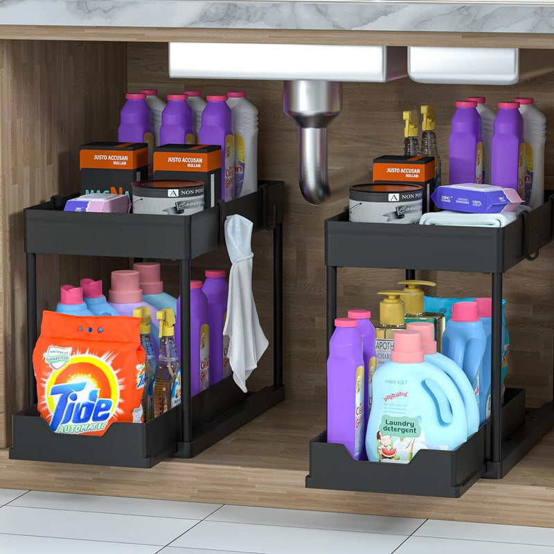 ItsyWorld Under Sink Organizer, 2 Tier Bathroom Cabinet Organizer with Sliding Basket, Multi-Purpose Under Sink Organizers and Storage for Bathroom Kitchen (4 Hooks) (Black)